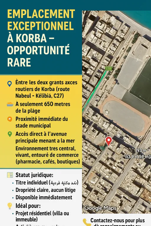 Emplacement exceptionnel à Korba – Opportunité rare