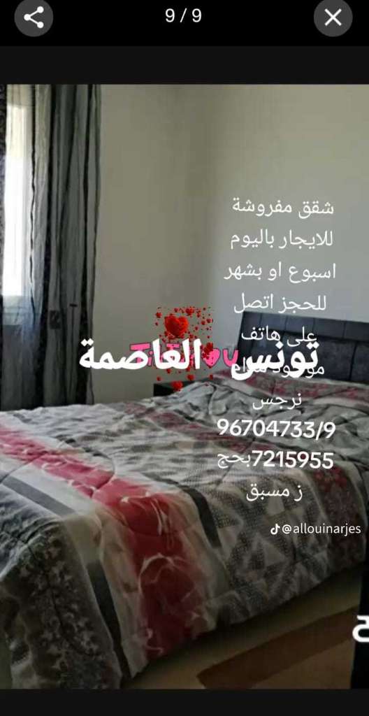ستوديو مفروس الإيجار باليوم او اسبوع في مكان هادئ تونس العاصمة
