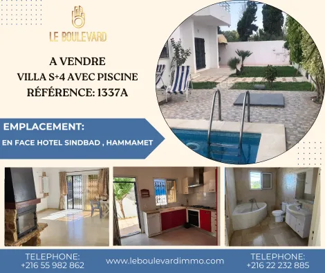 A vendre une villa duplex S+4 avec piscine, située à proximité de l’hôtel Sindbad, Hammamet.