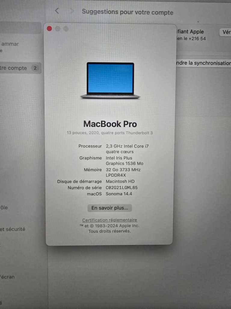 MacBook Pro 13" 2020 – i7 / 32 Go RAM / macOS Sonoma
