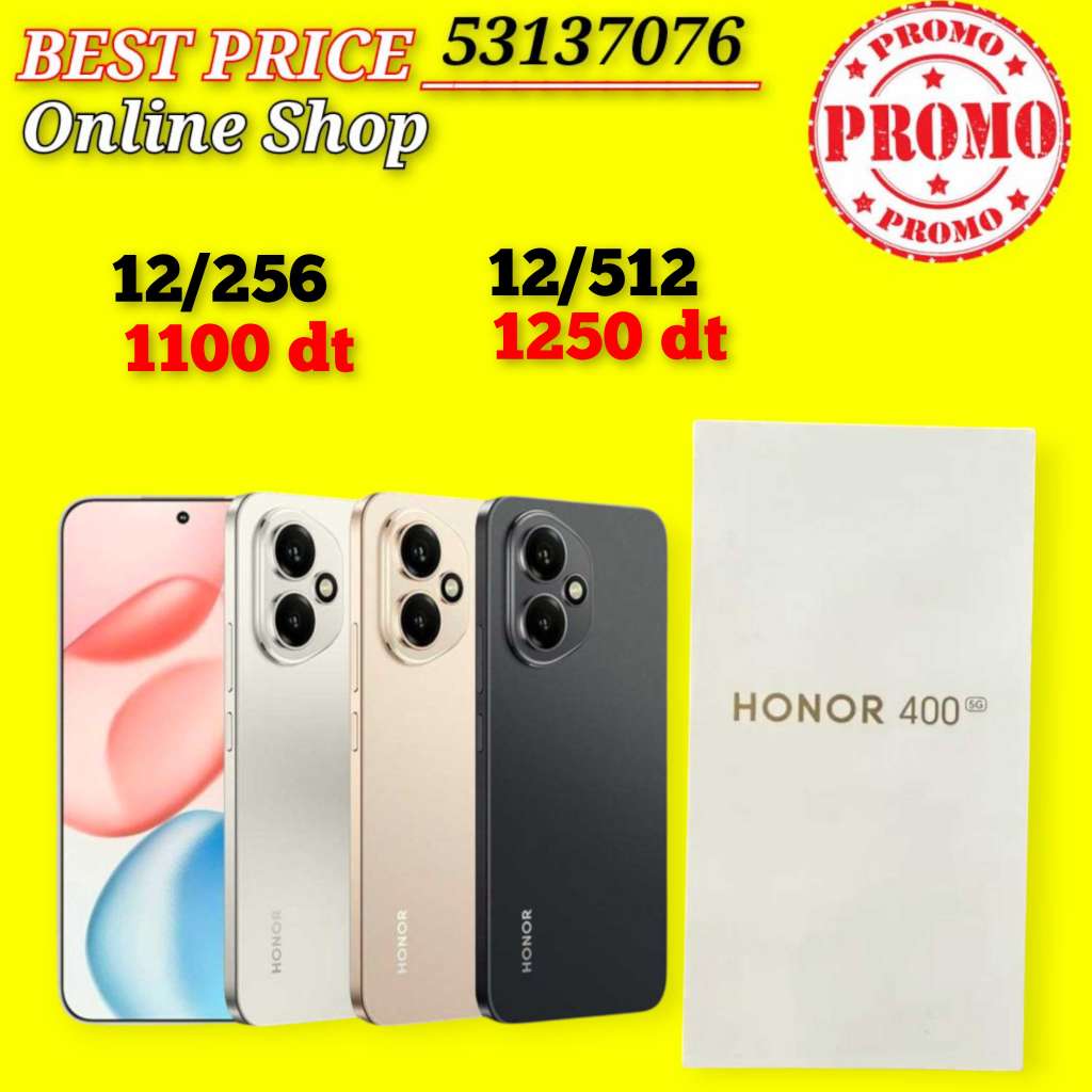 HONOR 400 5G Cacheté Neuf paquet fermé # validé ✔️
➖12/256=1100 dt
➖12/512=1250 dt
 