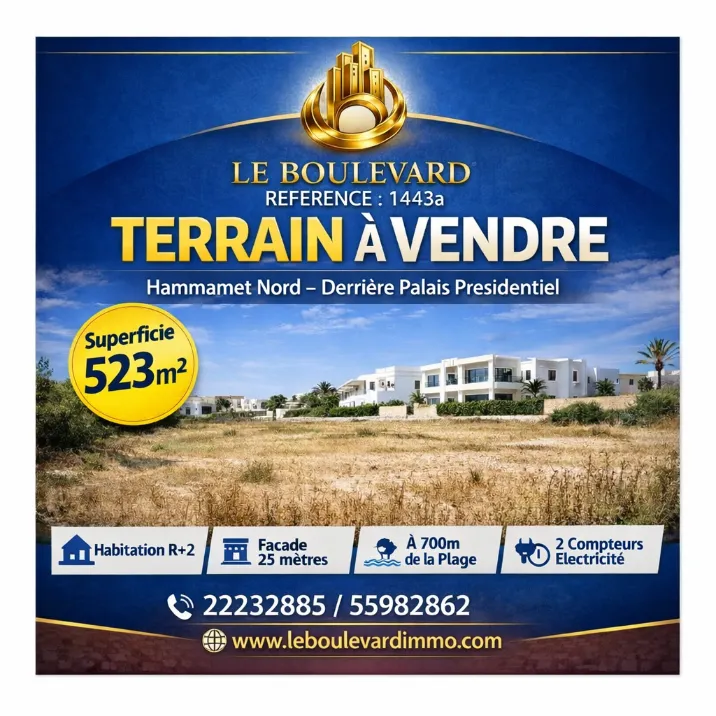 Opportunité Rare : Terrain 523m² Derrière le Palais Présidentiel – Hammamet Nord