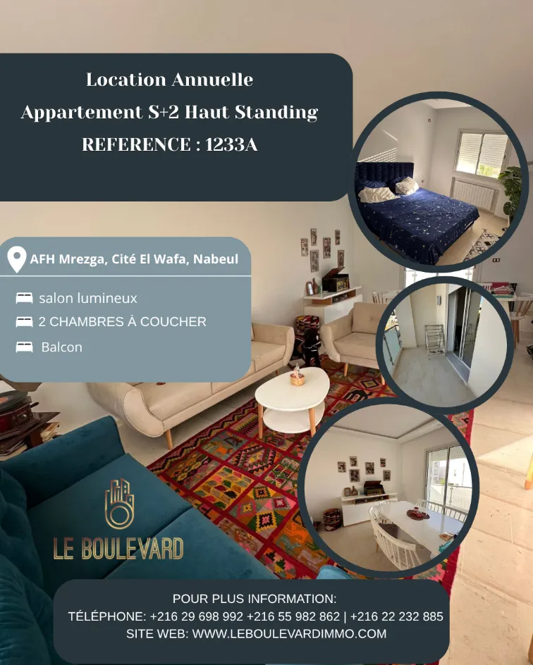Location Annuelle : Etage De Villa S+2 Haut Standing Meublé à AFH Mrezga, Nabeul