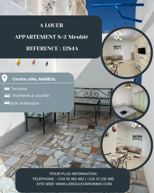 A louer Appartement S+1 meublé style arabesque à Nabeul centre ville 
