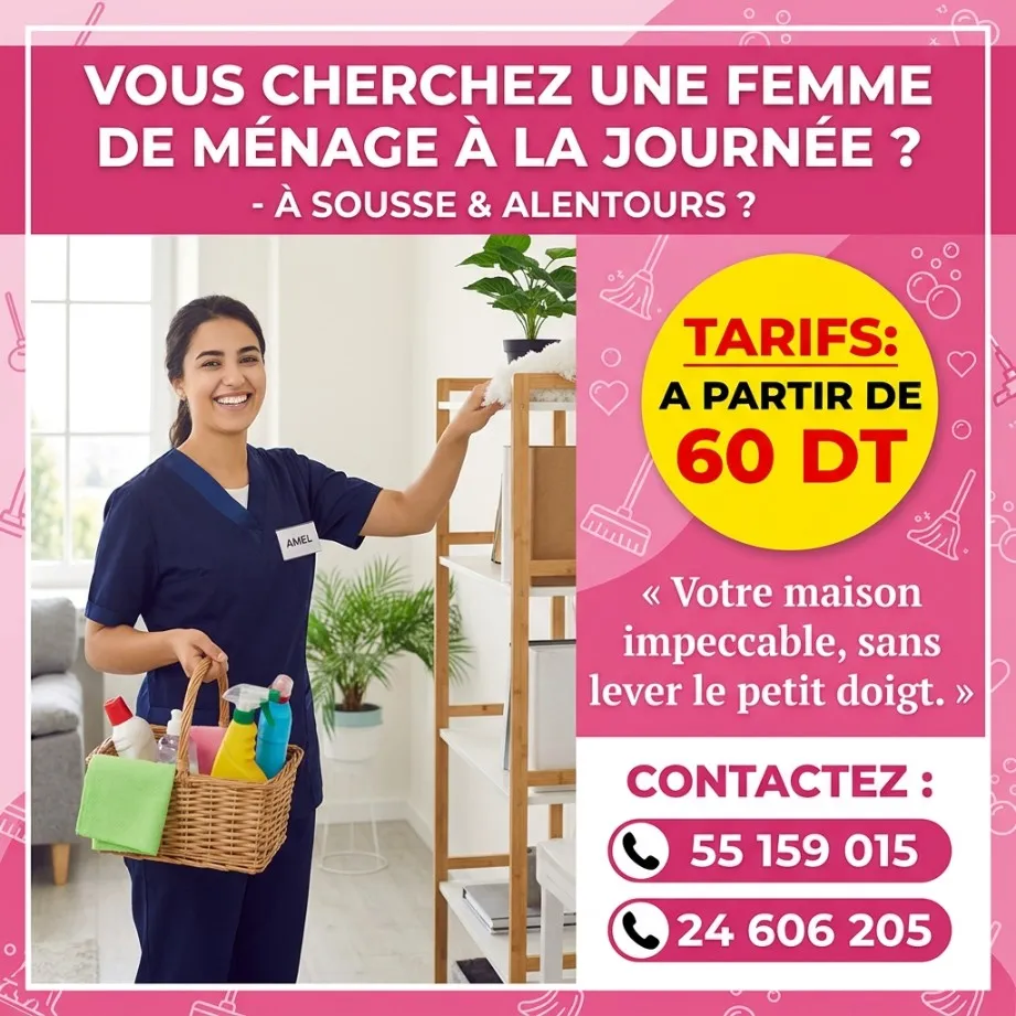 FEMME DE MENAGE A LA JOURNEE A SOUSSE
