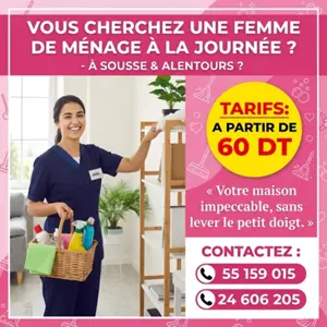 FEMME DE MENAGE A LA JOURNEE A SOUSSE
