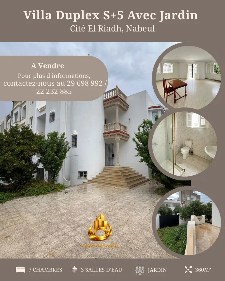 A Vendre Villa Duplex S+5 Avec Jardin à Cité El Riadh, Nabeul 