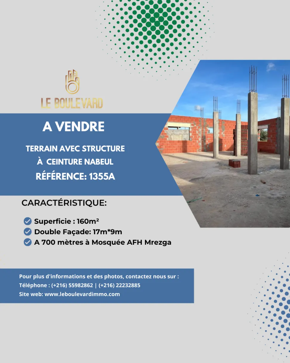 A vendre terrain Double façade avec structure à route ceinture Nabeul Hammamet