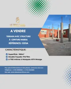 A vendre terrain Double façade avec structure à route ceinture Nabeul Hammamet
