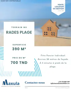À VENDRE TERRAIN NU DE 390M² TITRÉ À RADES PLAGE 
