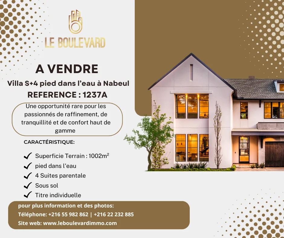 A vendre villa S+4 pied dans l'eau à Jinene Beni Khiar