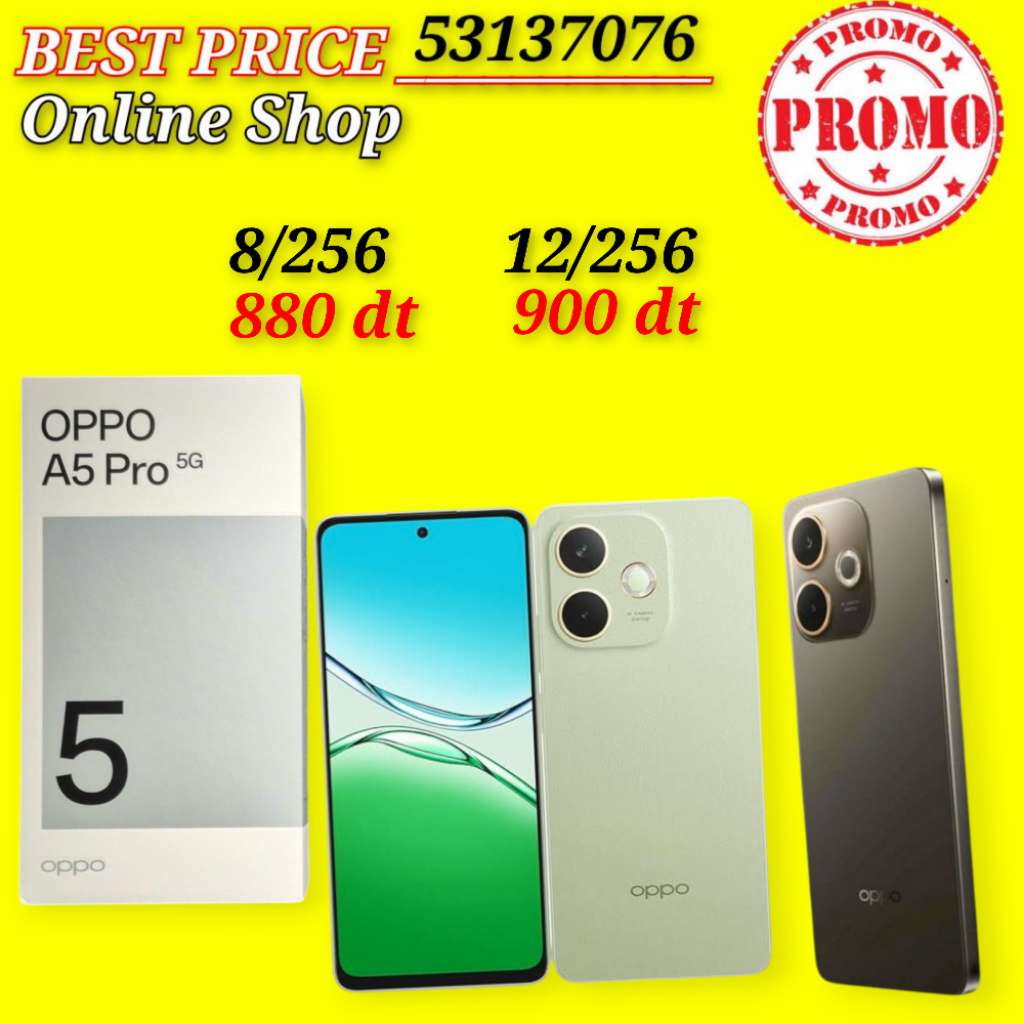 Oppo A5 Pro 5G Cacheté paquet fermé validé✔️
➖8/256 =880 dt
➖12/256=900 dt