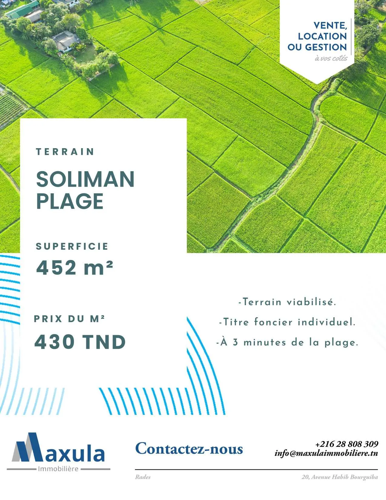 À VENDRE TERRAIN DE 452M² À 3 MINUTES DE LA PLAGE À SOLIMAN (LOTISSEMENT LA PLAGE)