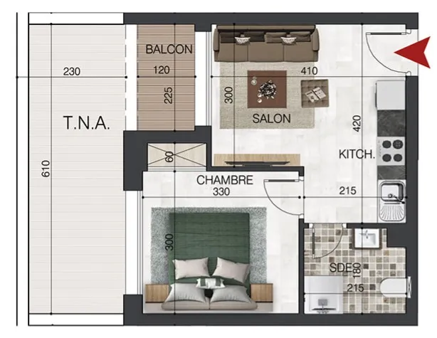 Appartement S+1 de 46 m² à Sidi Mahrsi – Nabeul