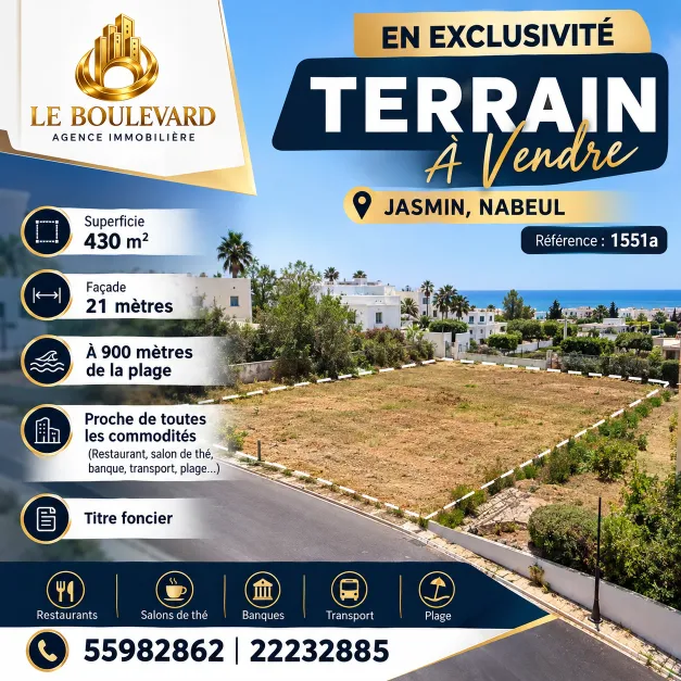 A vendre terrain 430m² à Jasmin , Nabeul