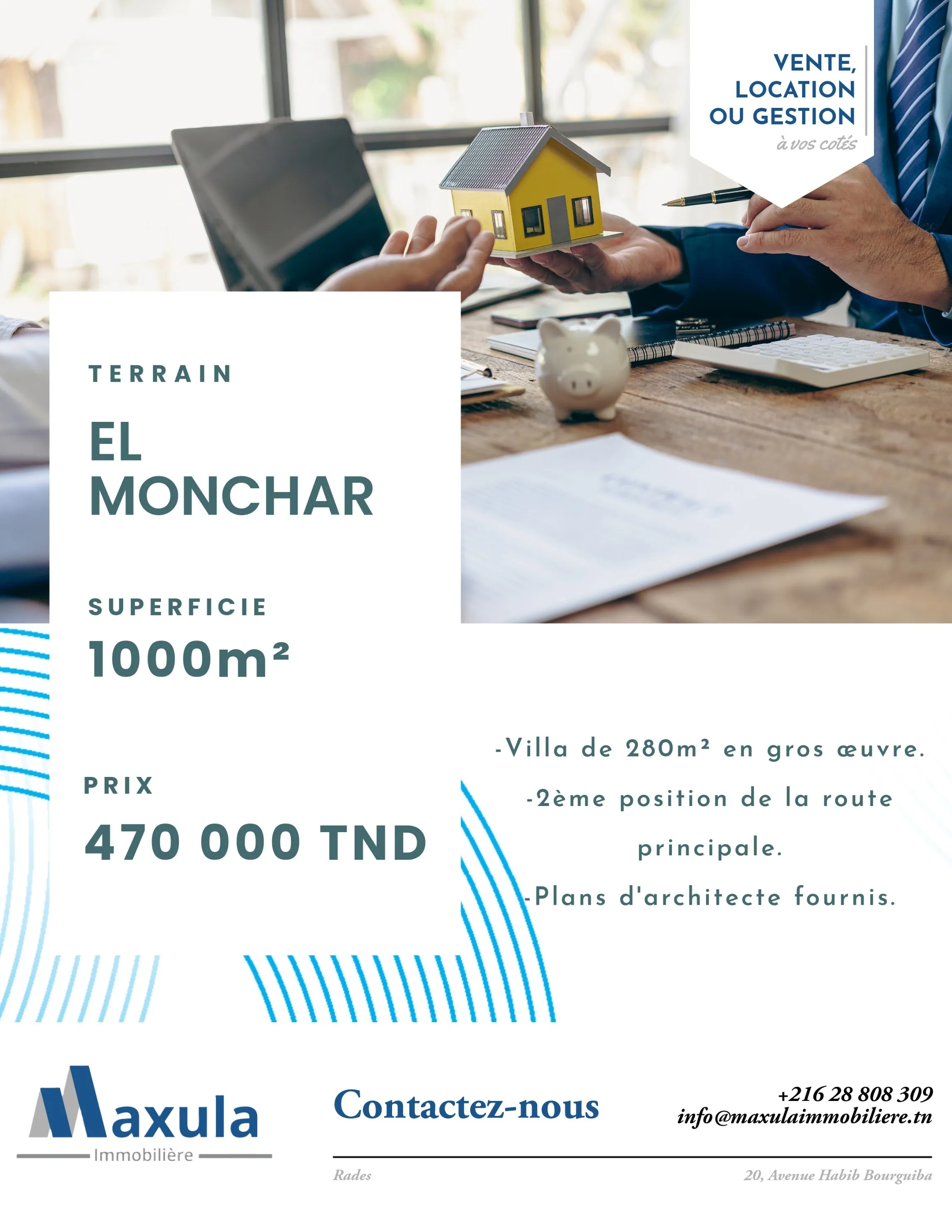 À VENDRE TERRAIN CLÔTURÉ DE 1000M² AVEC VILLA EN GROS OEUVRE À EL MONCHAR HAMMAMET SUD