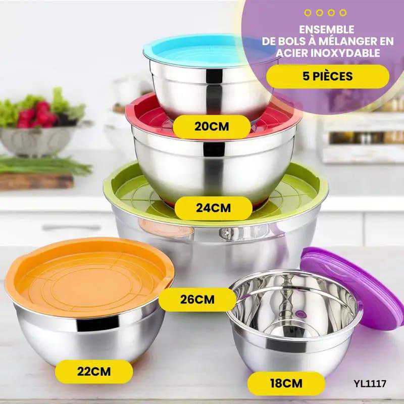 Ensemble de bols en acier inoxydable avec couvercles (5 pièces)