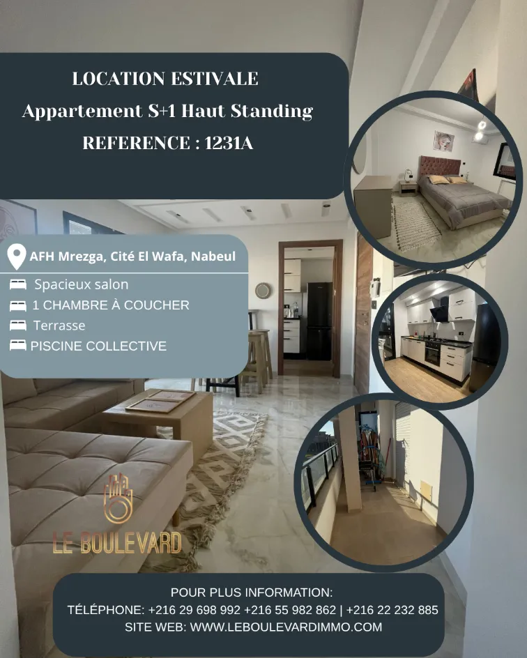 Location Estivale ; Appartement S+1 Haut Standing à AFH Mrezga, Nabeul