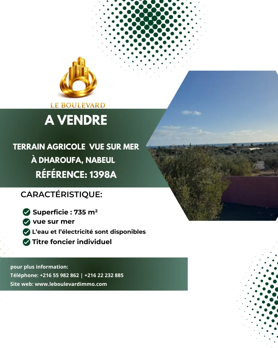 A vendre terrain 735m² vue sur mer à Dharoufa , Nabeul 