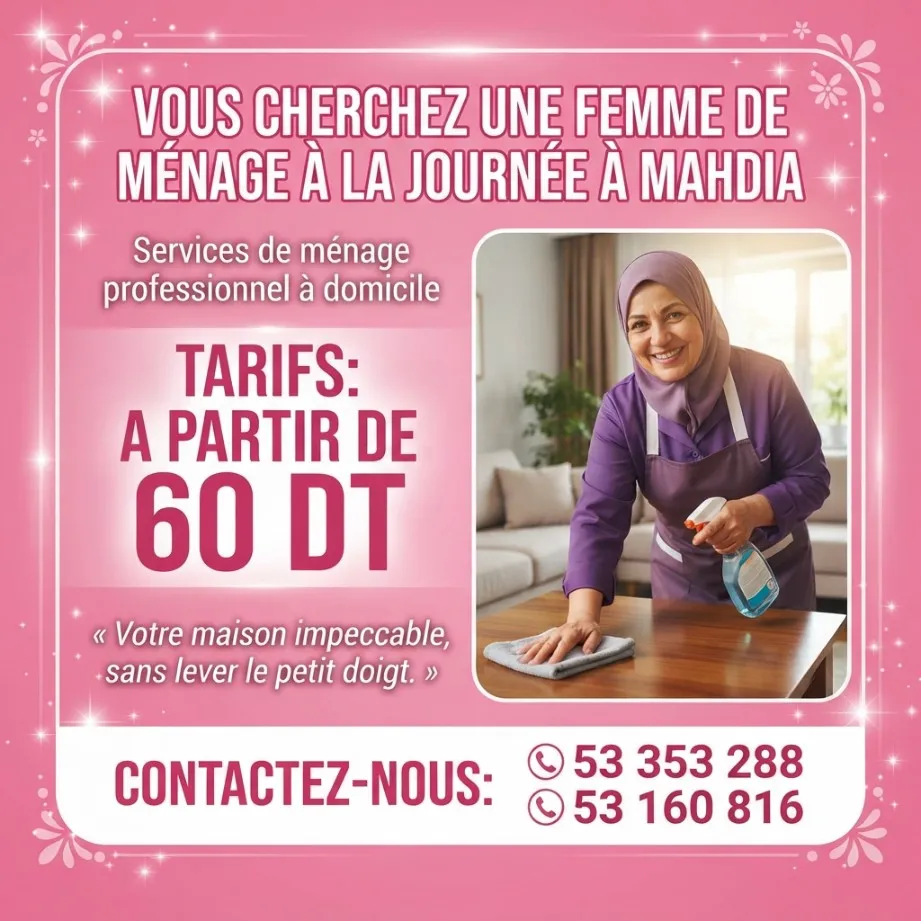 femme de menage par jour a mahdia