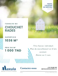À VENDRE TERRAIN DE 1036M² À CHOUCHET RADES EN BORDURE DE FORÊT