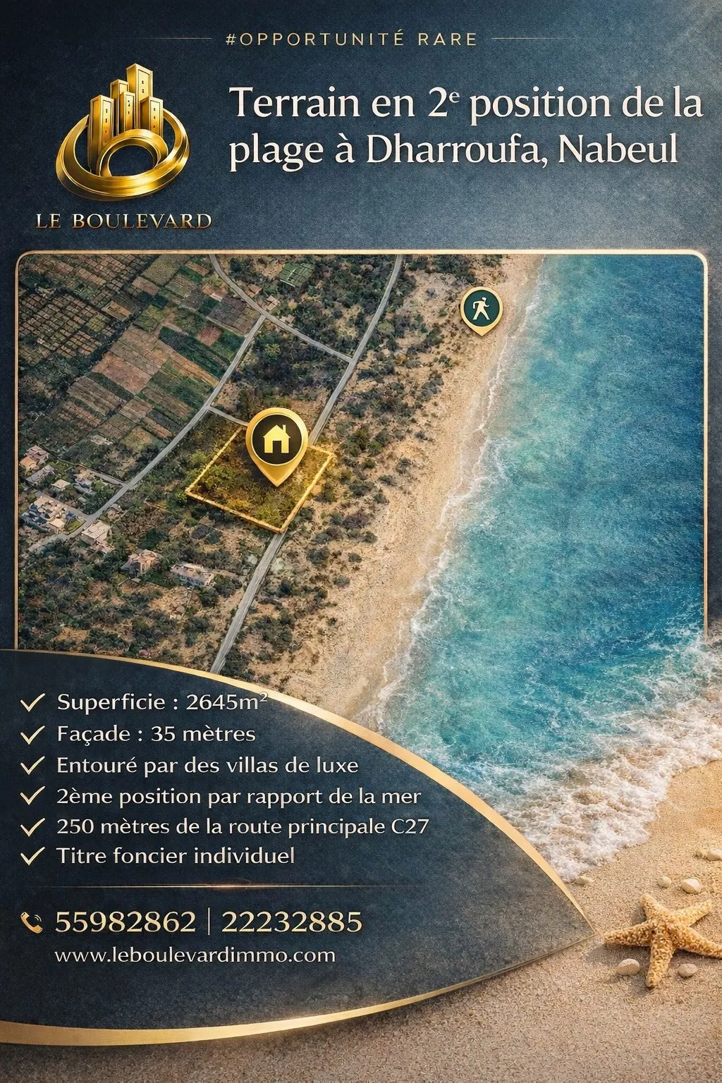 À Vendre Terrain en deuxième position de la plage à Dharoufa, Nabeul