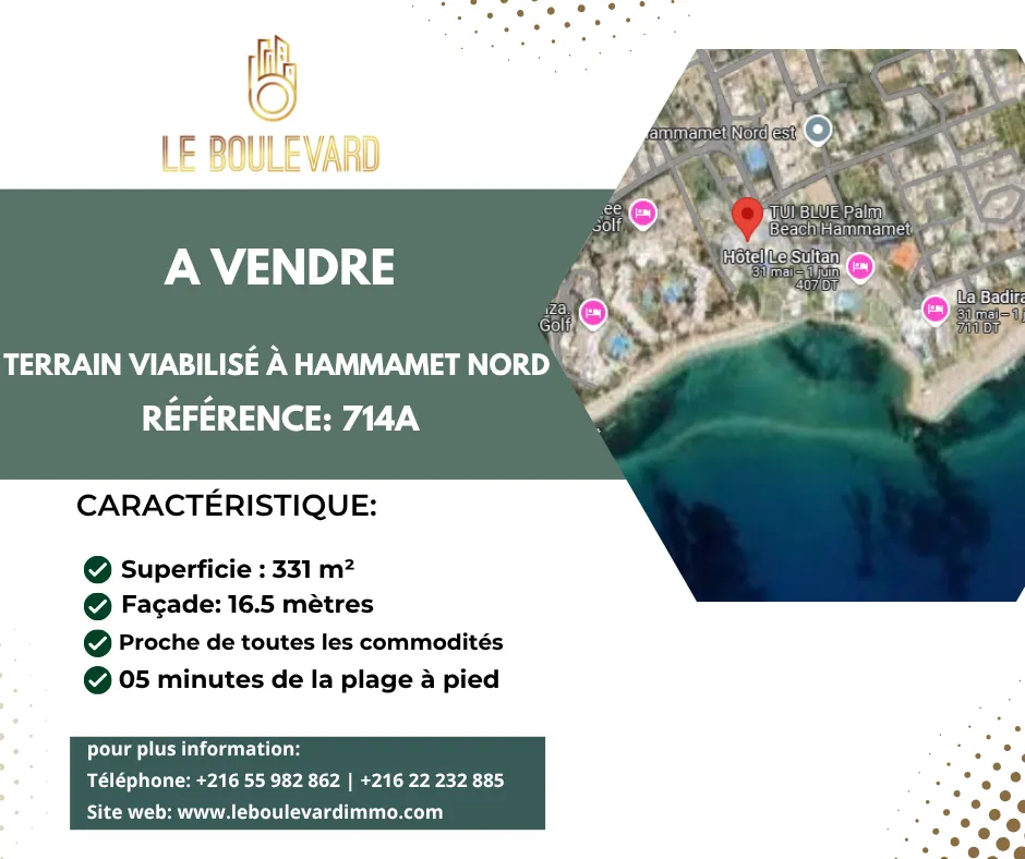 A vendre terrain 331m² à Hammamet Nord