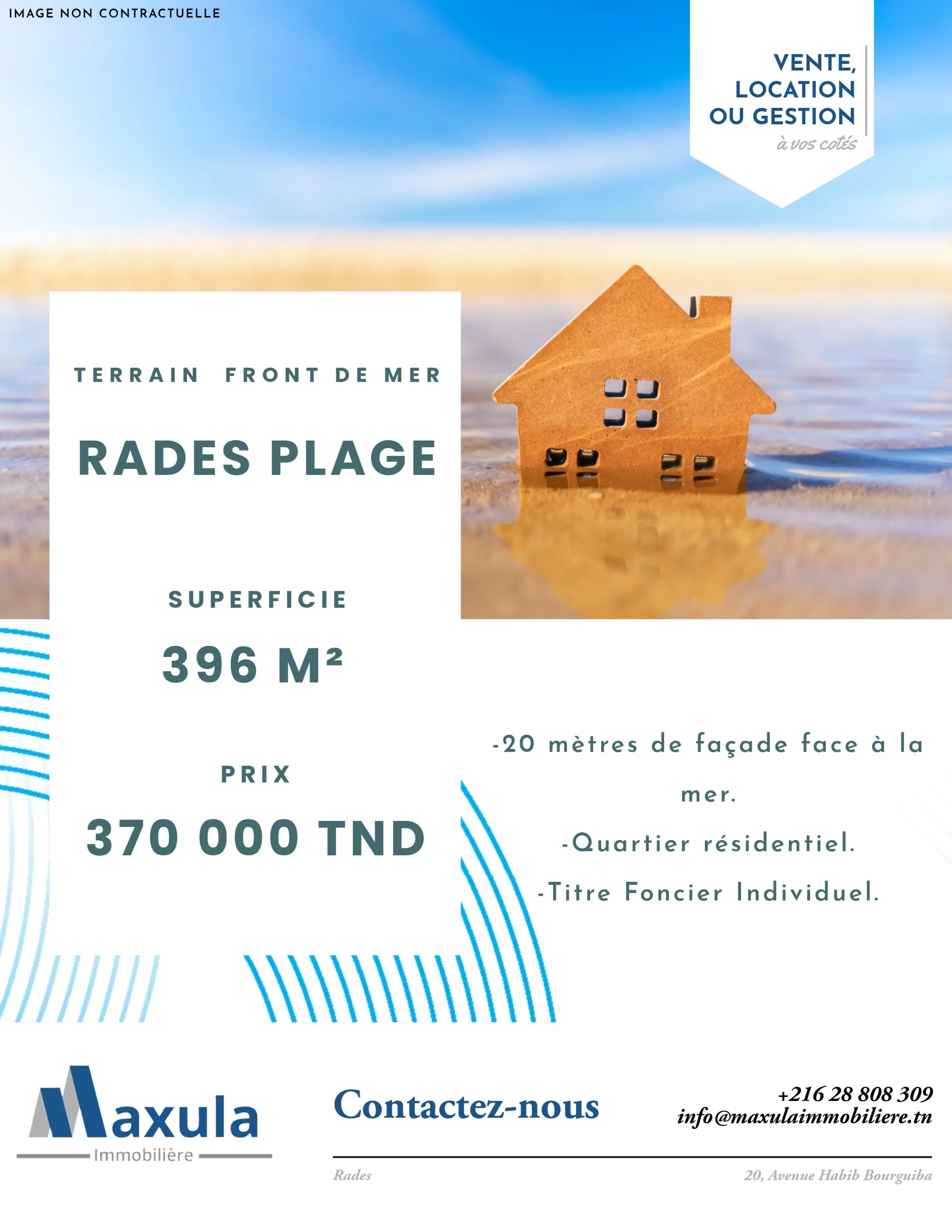À VENDRE TERRAIN DE 396M² EN FRONT DE MER À RADES PLAGE