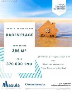 À VENDRE TERRAIN DE 396M² EN FRONT DE MER À RADES PLAGE