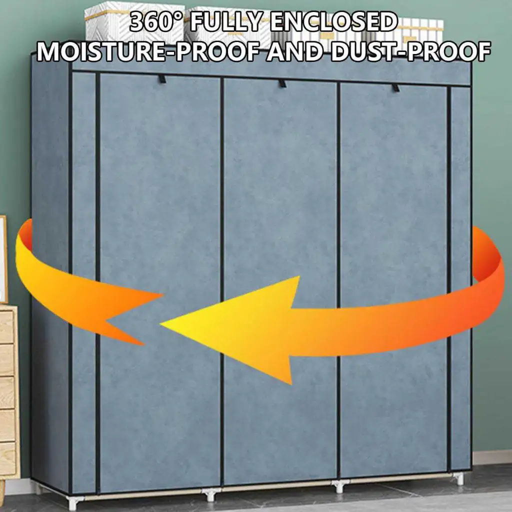 Armoire portable avec rail de suspension et étagères en tissu