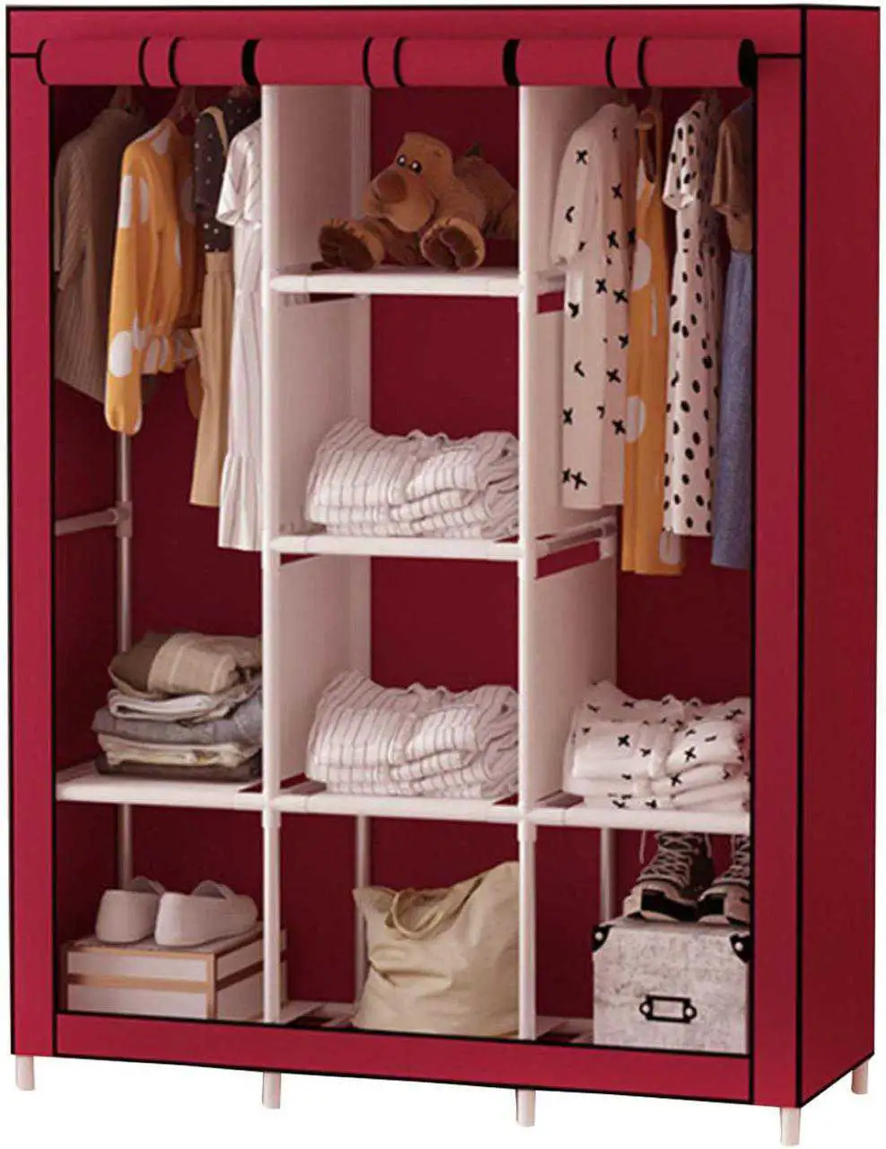 Armoire portable avec rail de suspension et étagères en tissu