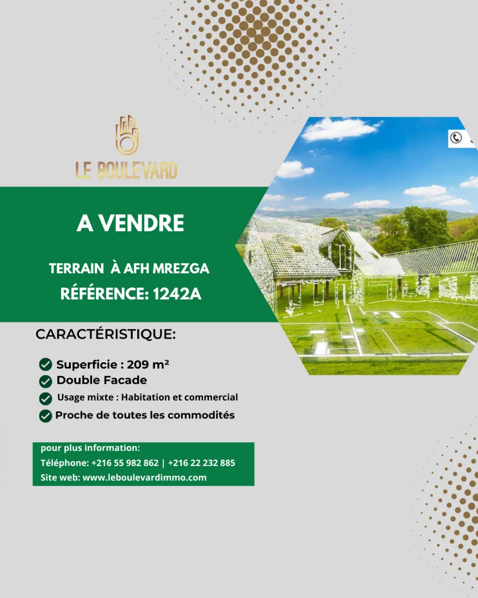 A vendre terrain 209m² à usage mixte à AFH Mrezga , Cité El Wafa