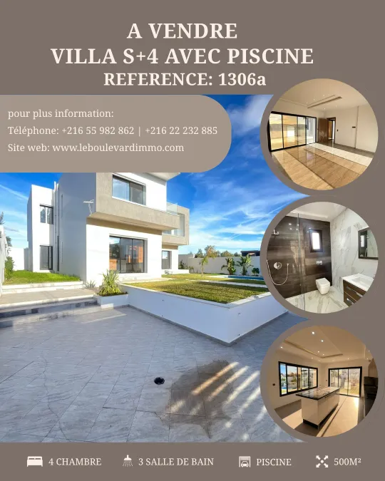 A Vendre Villa S+4 Haut Standing Avec Piscine Située à Sidi Jdidi, Hammamet 