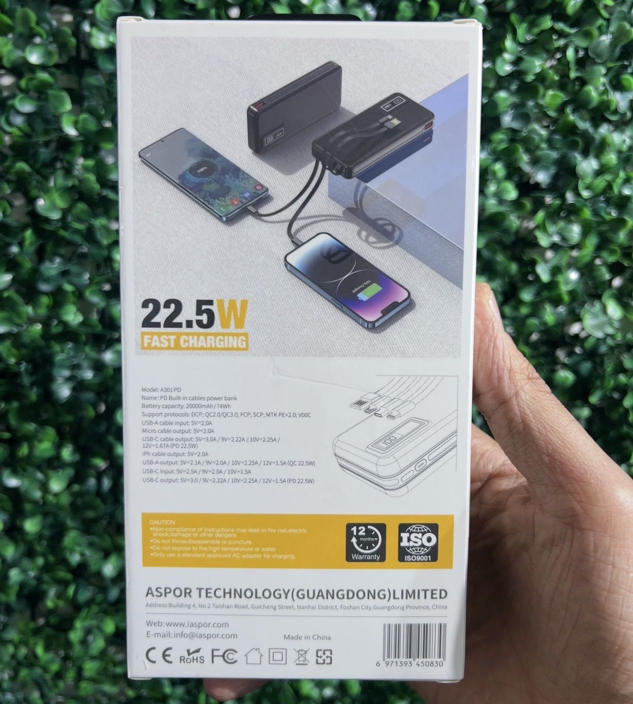 ASPOR Power Bank 20000 mAh 22,5W Charge Rapide Avec Cables Intégrés 4 en 1