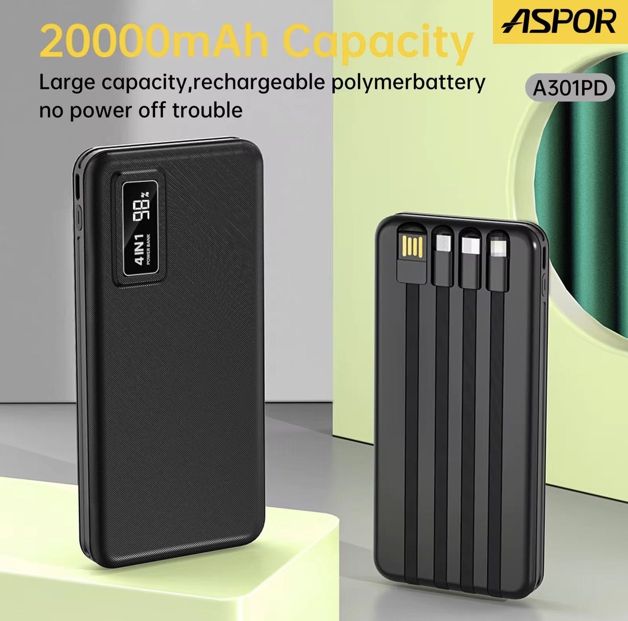 ASPOR Power Bank 20000 mAh 22,5W Charge Rapide Avec Cables Intégrés 4 en 1