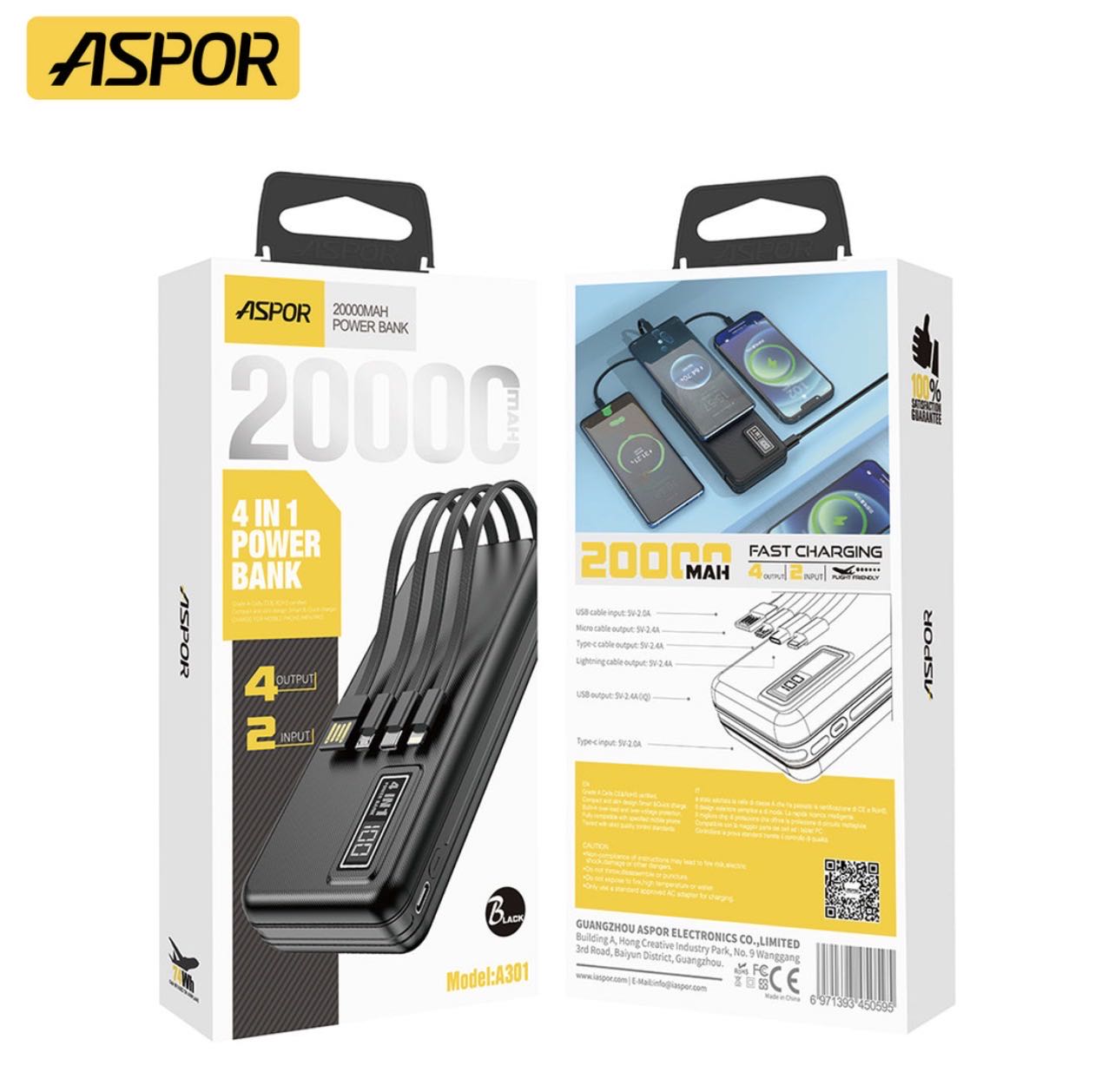 ASPOR Power Bank 20000 mAh 22,5W Charge Rapide Avec Cables Intégrés 4 en 1