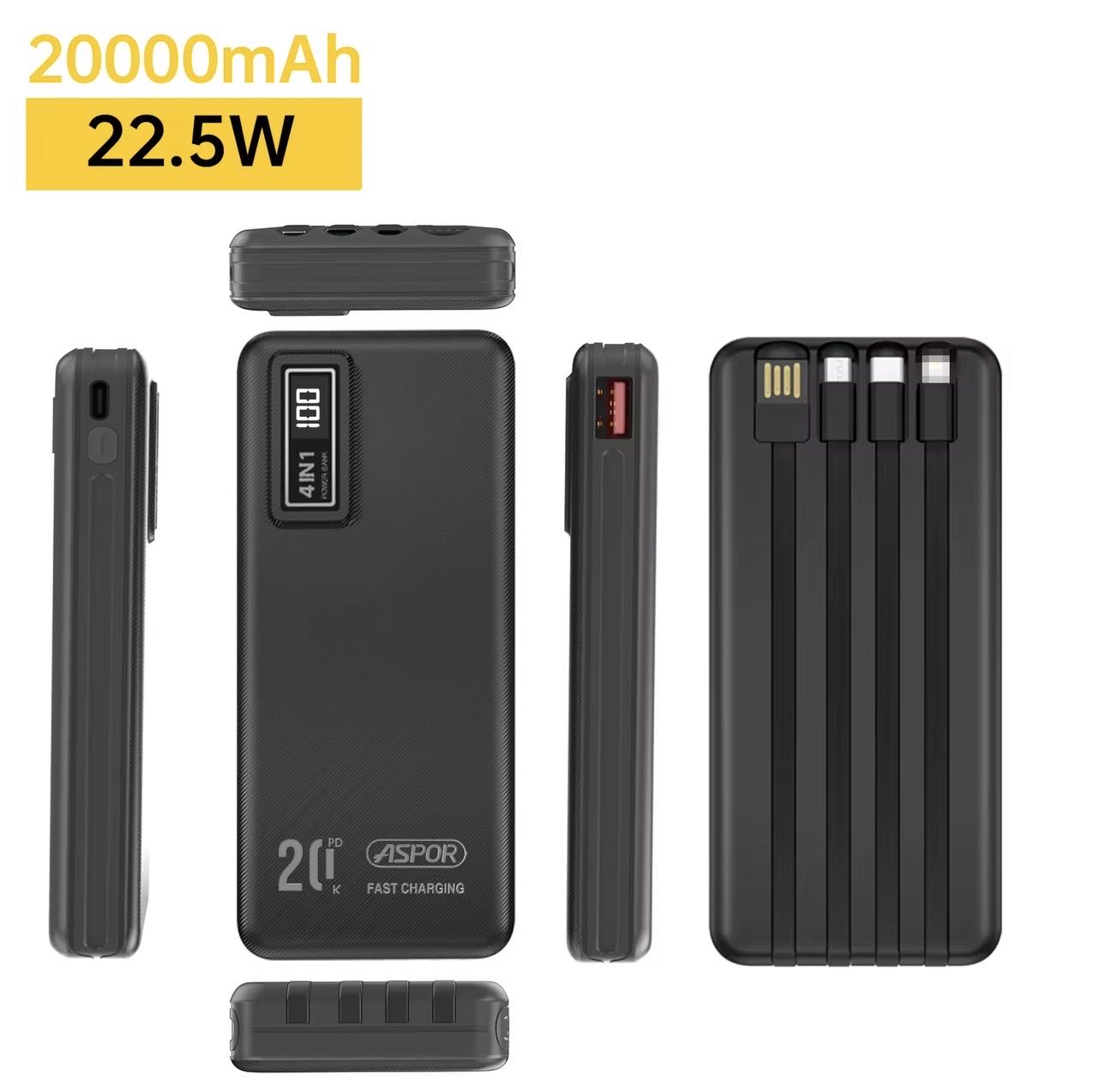 ASPOR Power Bank 20000 mAh 22,5W Charge Rapide Avec Cables Intégrés 4 en 1