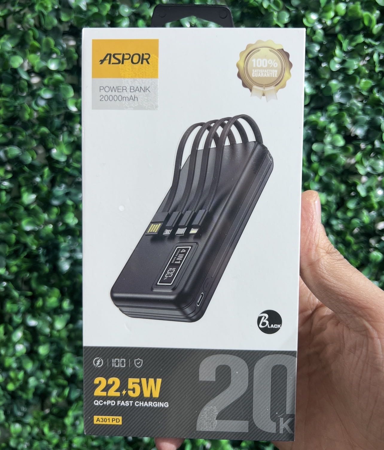 ASPOR Power Bank 20000 mAh 22,5W Charge Rapide Avec Cables Intégrés 4 en 1