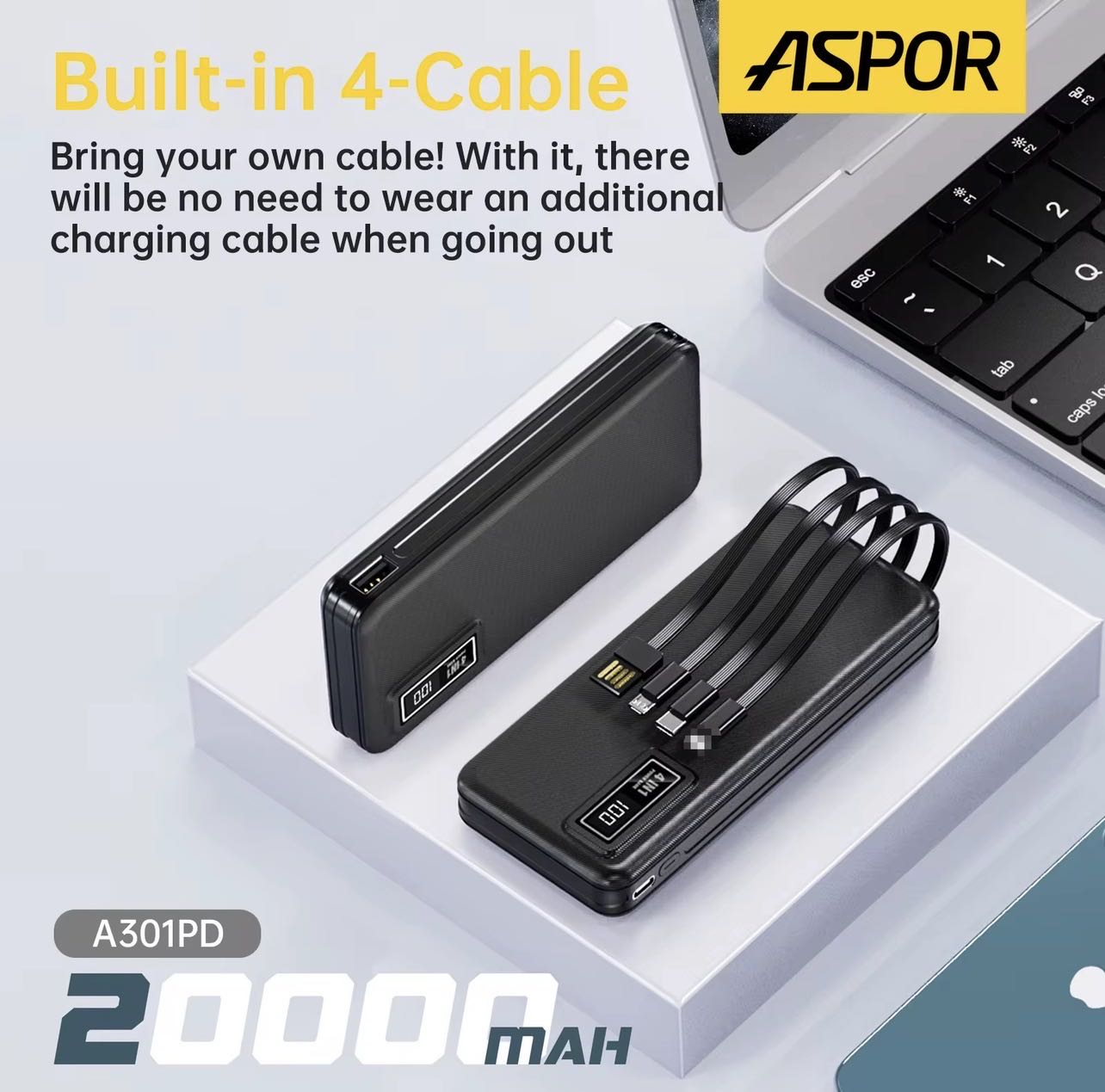 ASPOR Power Bank 20000 mAh 22,5W Charge Rapide Avec Cables Intégrés 4 en 1