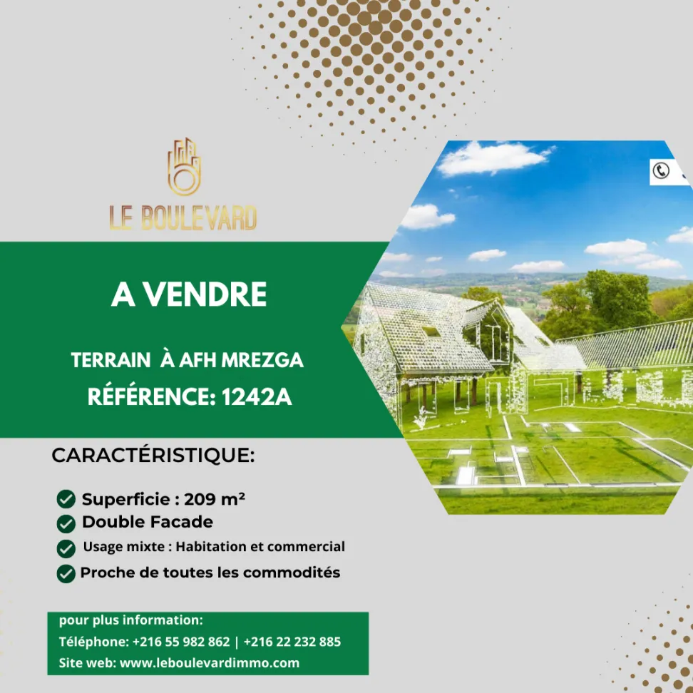 À Vendre : Terrain double façade, usage mixte (commercial & habitation), AFH Mrezga – Nabeul