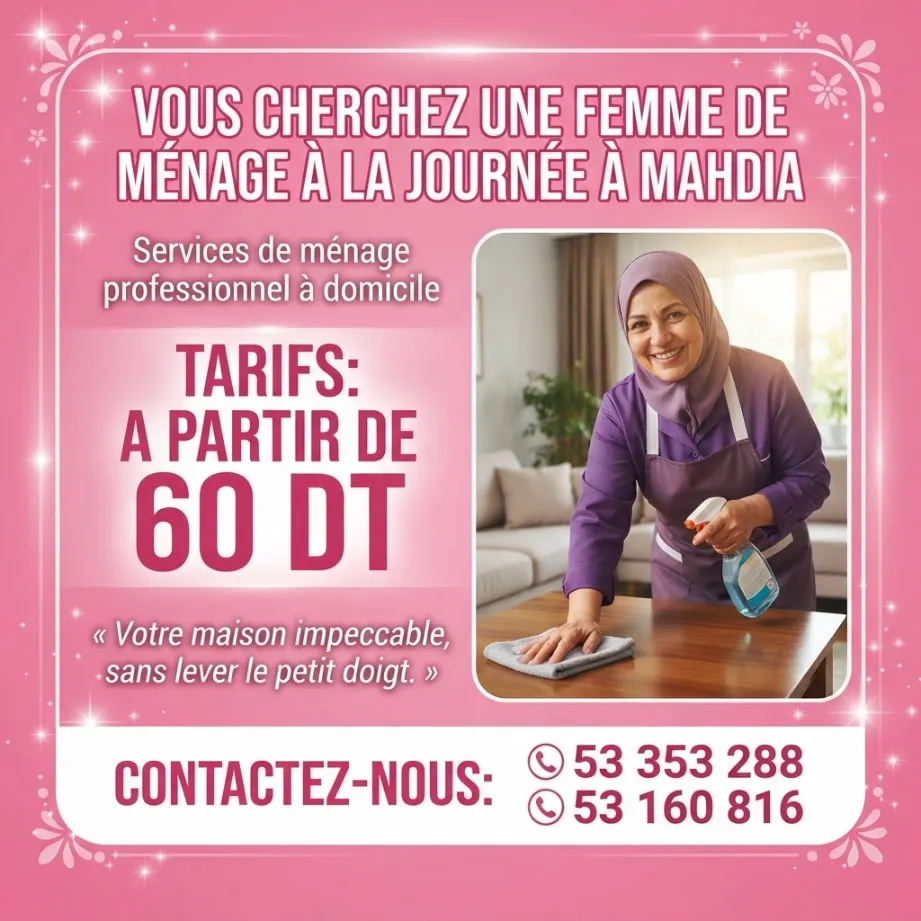 femme de menage par jour a mahdia