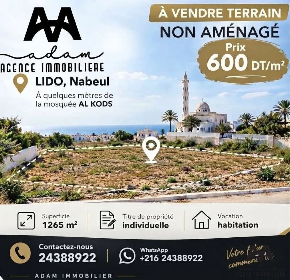 Terrain d'exception de 1 265 m² à LIDO, Nabeul