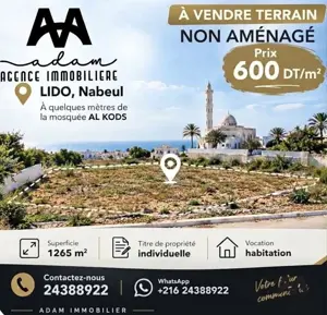 Terrain d'exception de 1 265 m² à LIDO, Nabeul