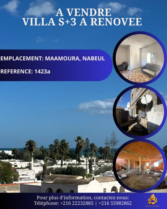 À vendre : villa S+3 à rénover à seulement 100 mètres de la plage à Maamoura, Nabeul