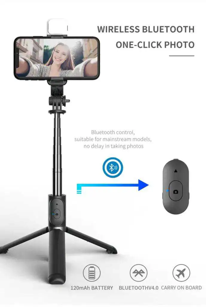 Selfie LED pliable sans fil Bluetooth, trépied avec commande à distance, lumière 3 couleurs
