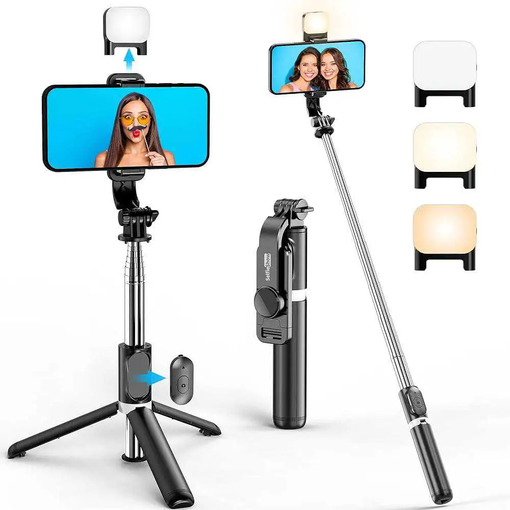 Selfie LED pliable sans fil Bluetooth, trépied avec commande à distance, lumière 3 couleurs