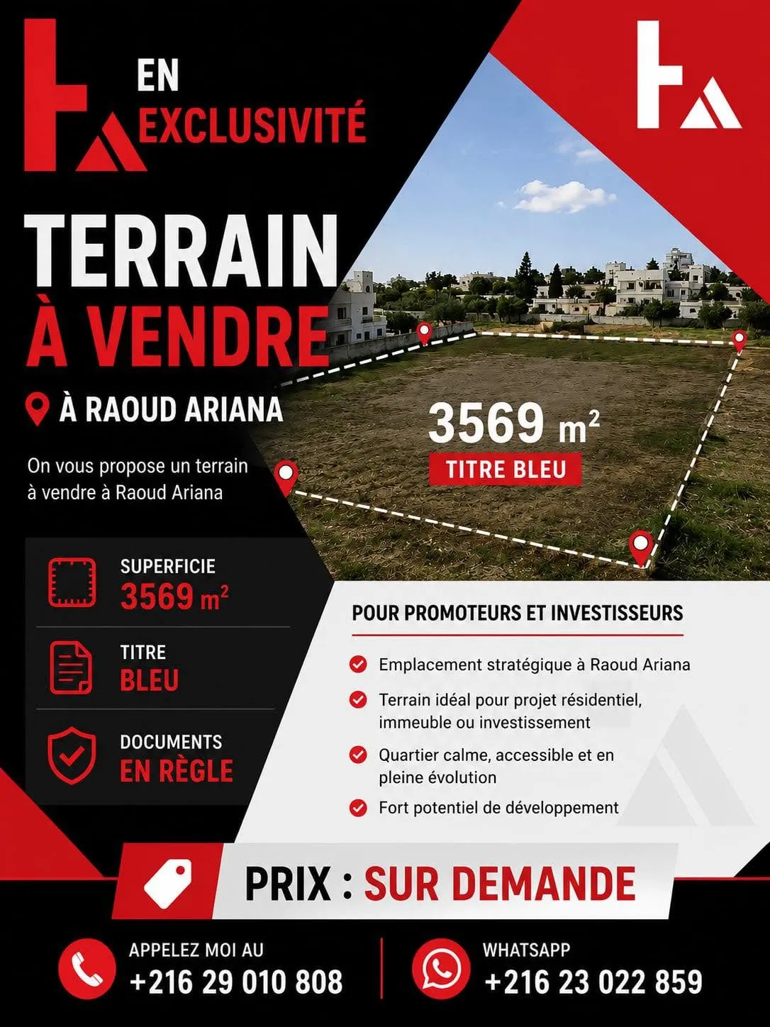 đïž **Ă VENDRE â TERRAIN 3 569 MÂČ Ă RAOUED ARIANA | OPPORTUNITĂ EXCEPTIONNELLE POUR PROMOTEURS**