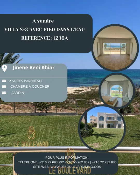 A Vendre Villa S+3 Pied Dans L'eau à Jinene Benikhiar, Nabeul 