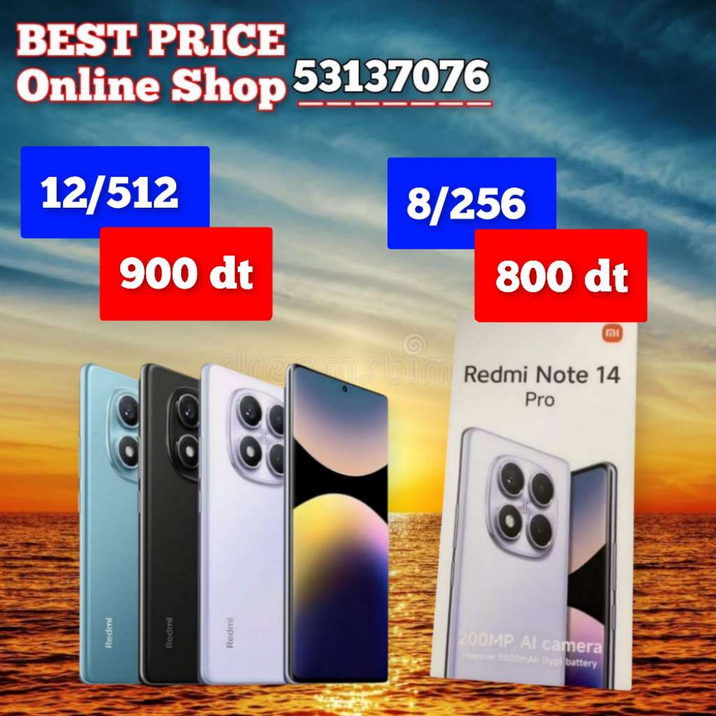 Redmi Note 14 pro / Paquet fermé. Validé☑️
➖12/512 =900 dt ➖8/256 = 800 dt