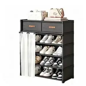 Organisateur de chaussures robuste en acier inoxydable, 4 niveaux, avec rideau anti-poussière et 2 t
